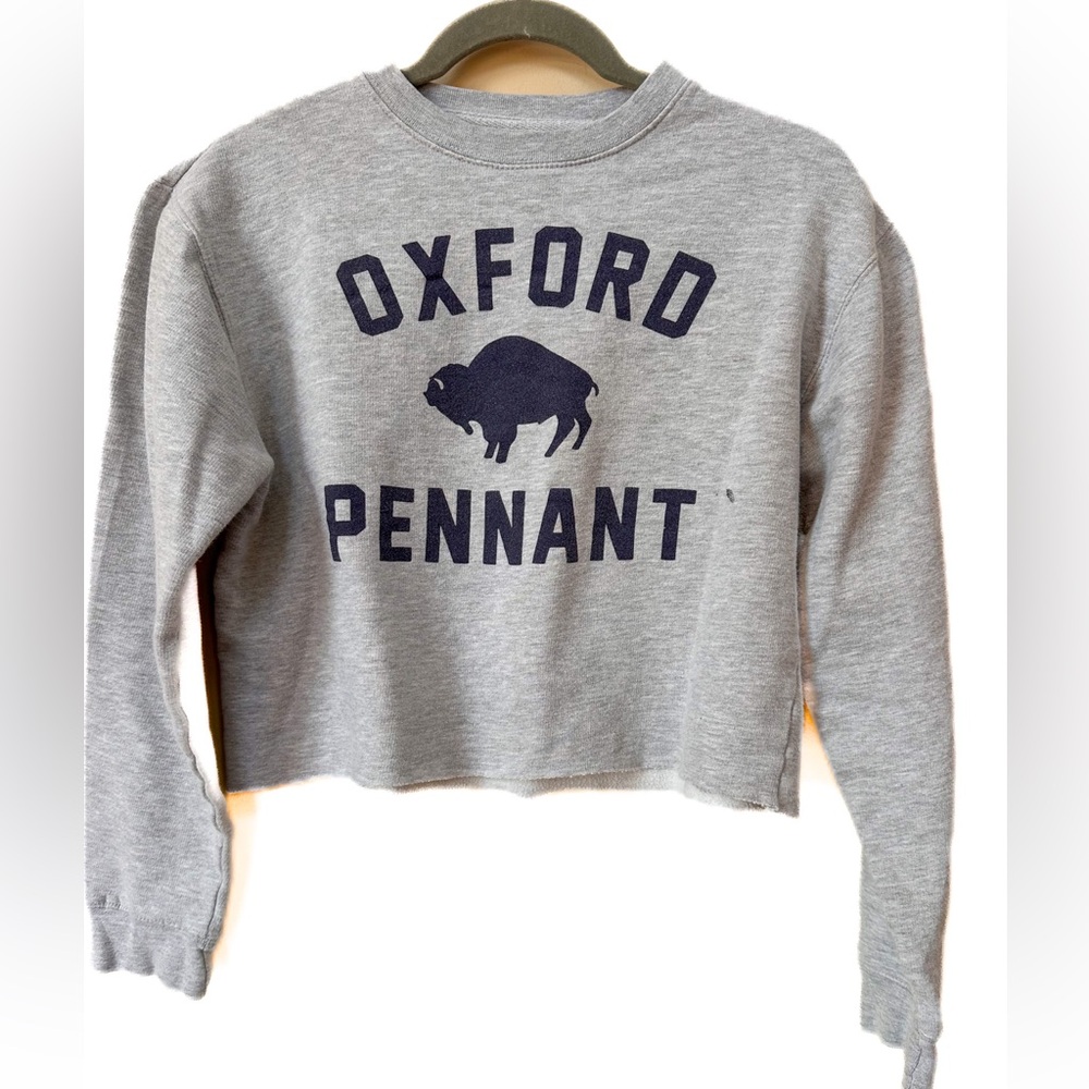 Oxford Pennant Crewneck Sweatshirt, Cropped, Gray and Navy. Buffalo, NY